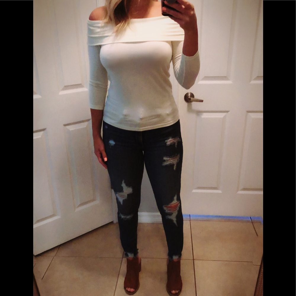Off the shoulder cream 3/4 length sleeve top